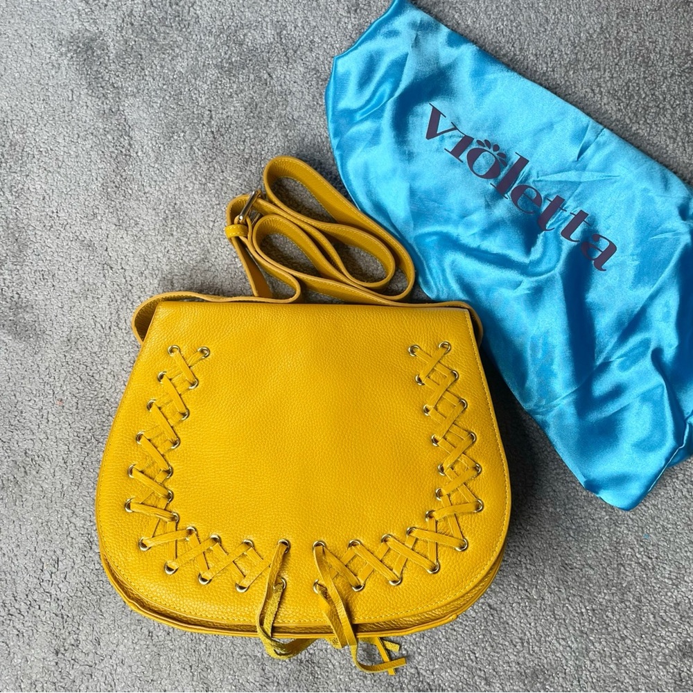 Violetta Leather Yellow Boho Crossbody Sadle Bag New With Dust bag